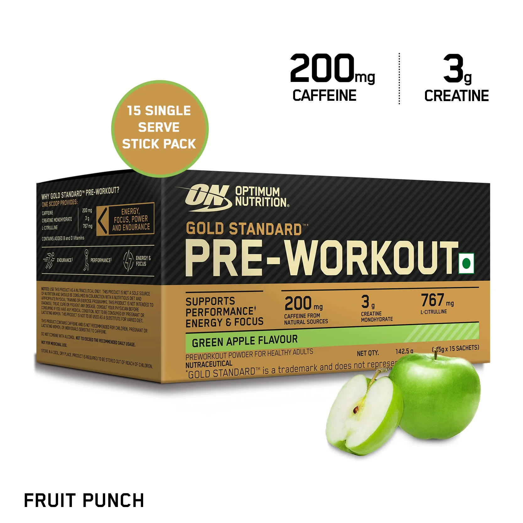 Optimum Nutrition (ON) Gold Standard Pre-Workout- 142.5g/15 single serve packs (Fruit Punch Flavor), For Energy, Focus, Power, Endurance & Performance and Optimum Nutrition Gold Standard Pre-Workout- 142.5g/15 single serve packs (Green Apple Flavor) - Image 18