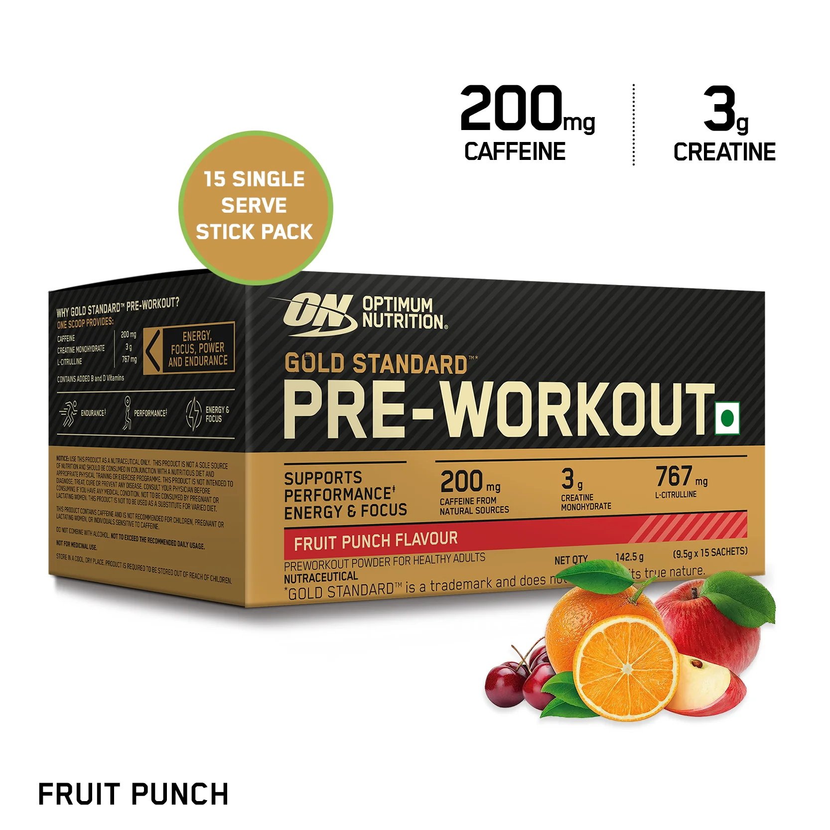 Optimum Nutrition (ON) Gold Standard Pre-Workout- 142.5g/15 single serve packs (Fruit Punch Flavor), For Energy, Focus, Power, Endurance & Performance and Optimum Nutrition Gold Standard Pre-Workout- 142.5g/15 single serve packs (Green Apple Flavor) - Image 7