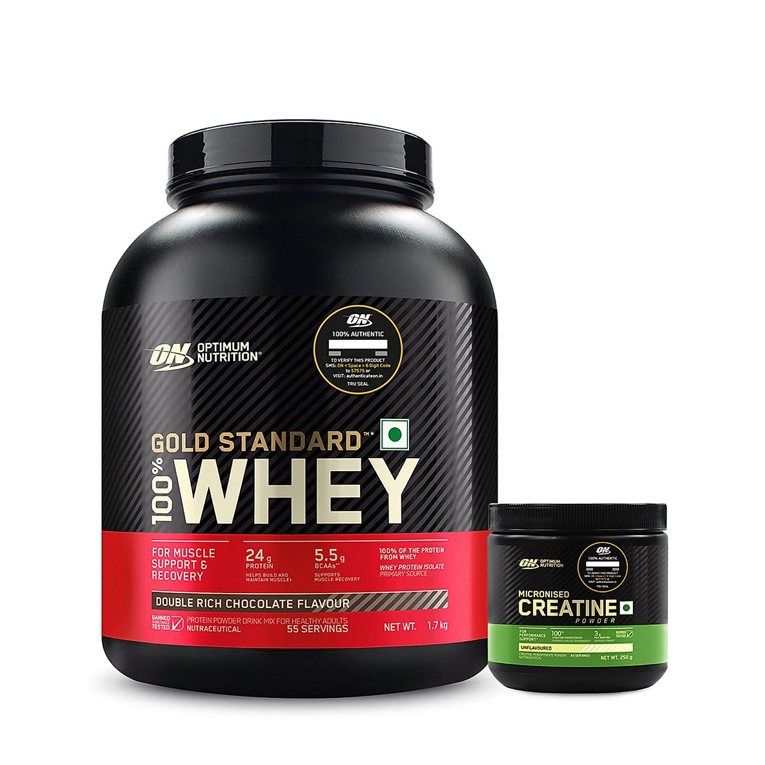Gold Standard 100% Whey Protein Powder  Double Rich Chocolate 1.7 kg and Micronised Creatine Powder  Unflavoured 250 g