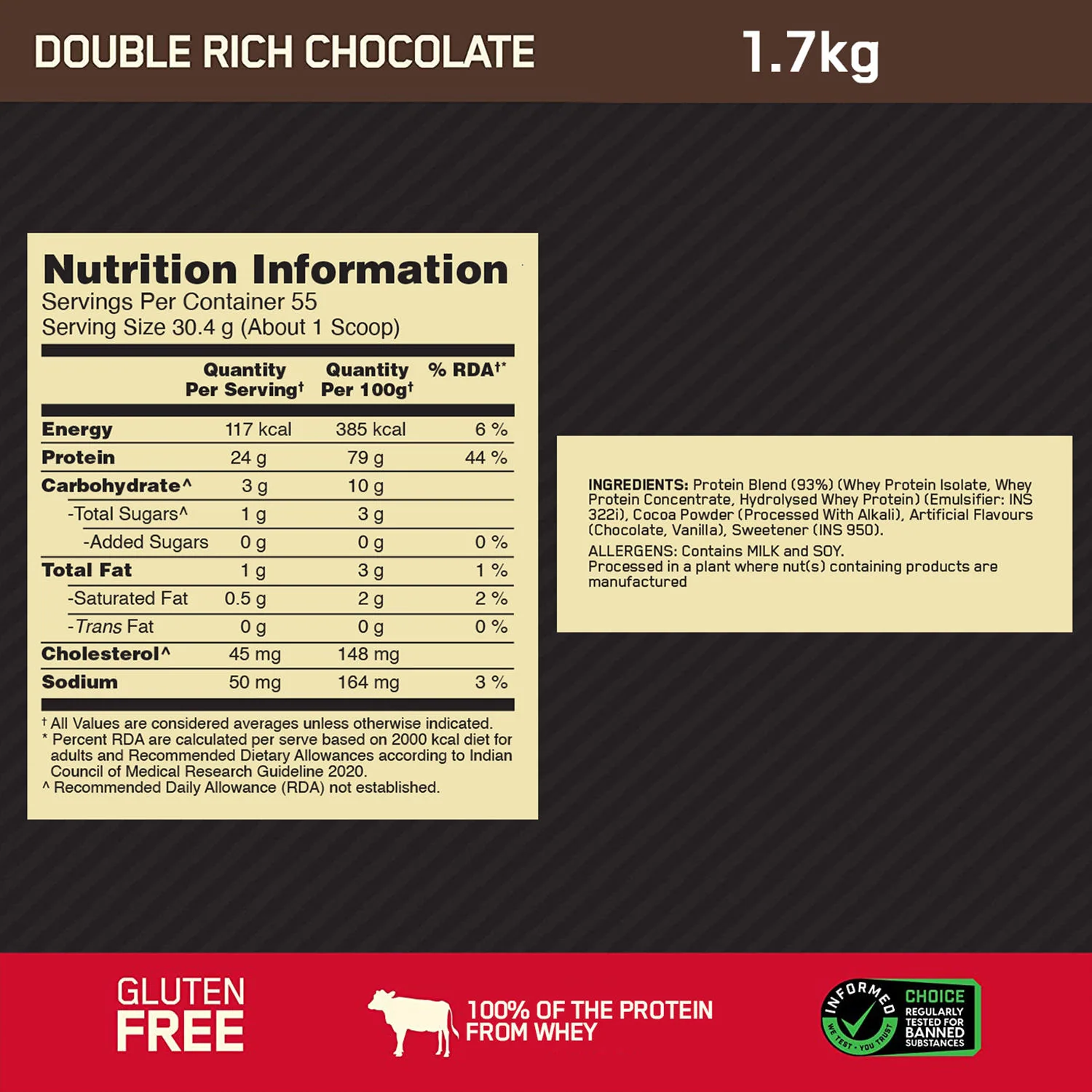 Gold Standard 100% Whey Protein Powder  Double Rich Chocolate 1.7 kg and Micronised Creatine Powder  Unflavoured 250 g - Image 8