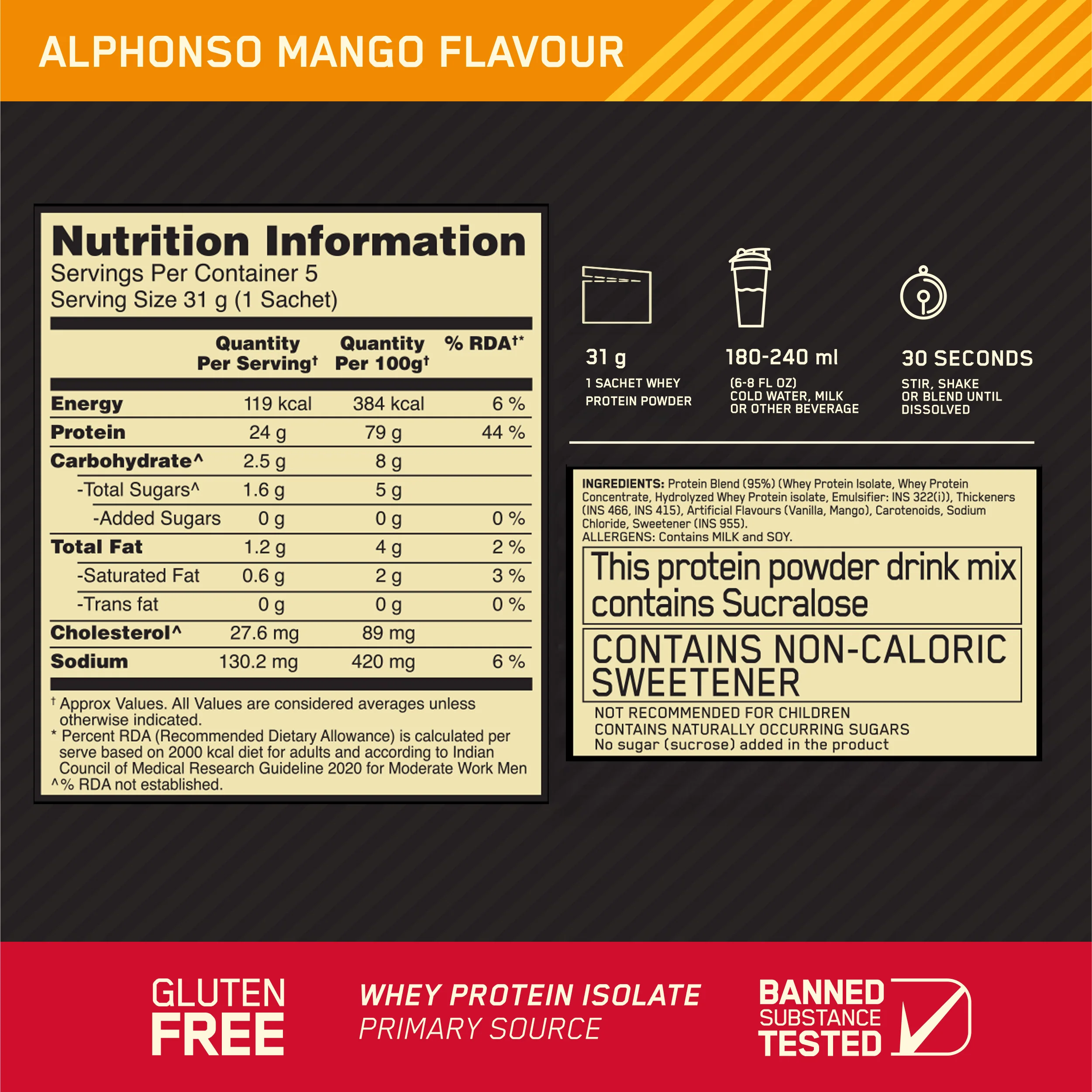 Optimum Nutrition Gold Standard 100% Whey - Alphonso Mango - Pack of 5 single serve sachets - Image 10