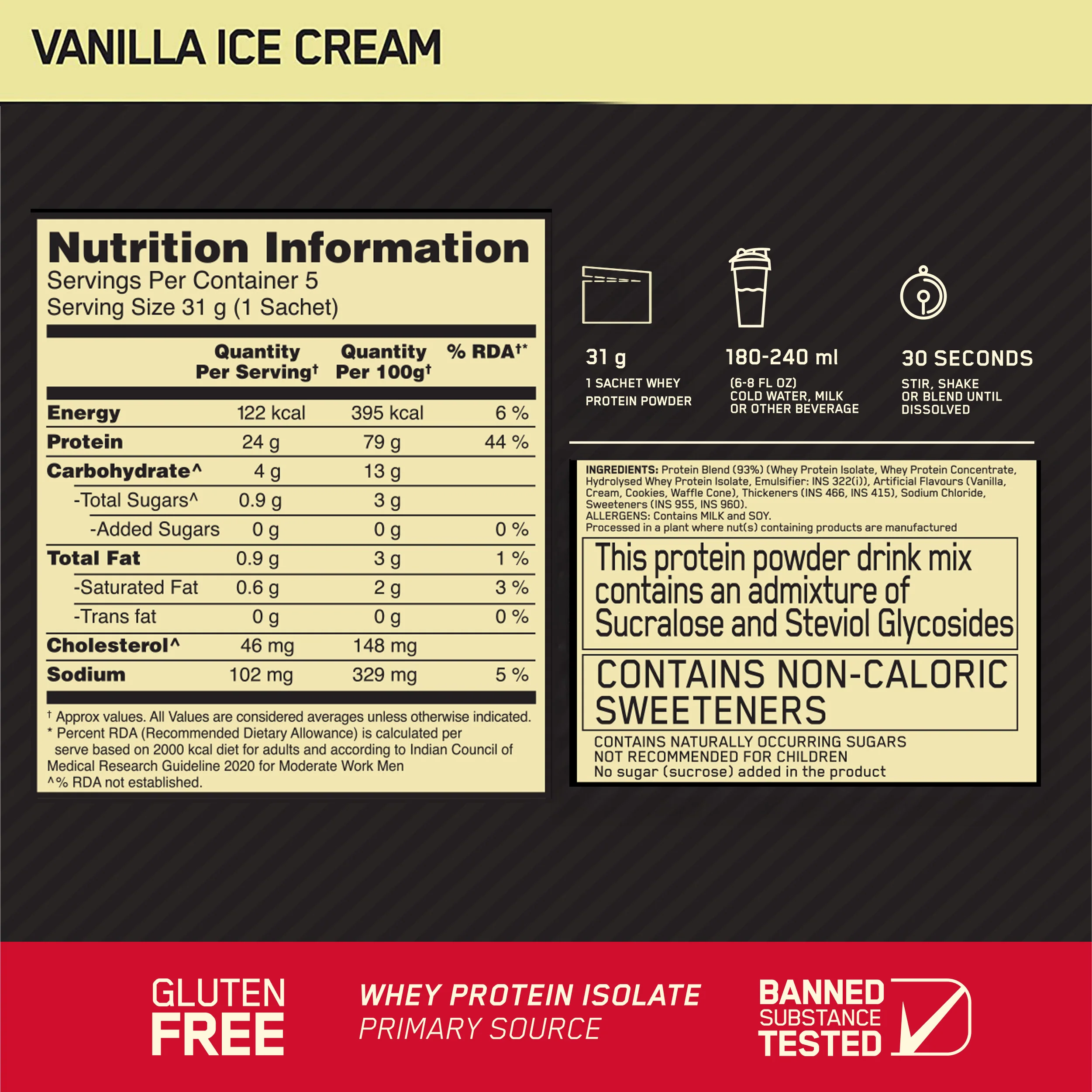 Optimum Nutrition Gold Standard 100% Whey - Vanilla Ice Cream - Pack of 5 single serve sachets - Image 10