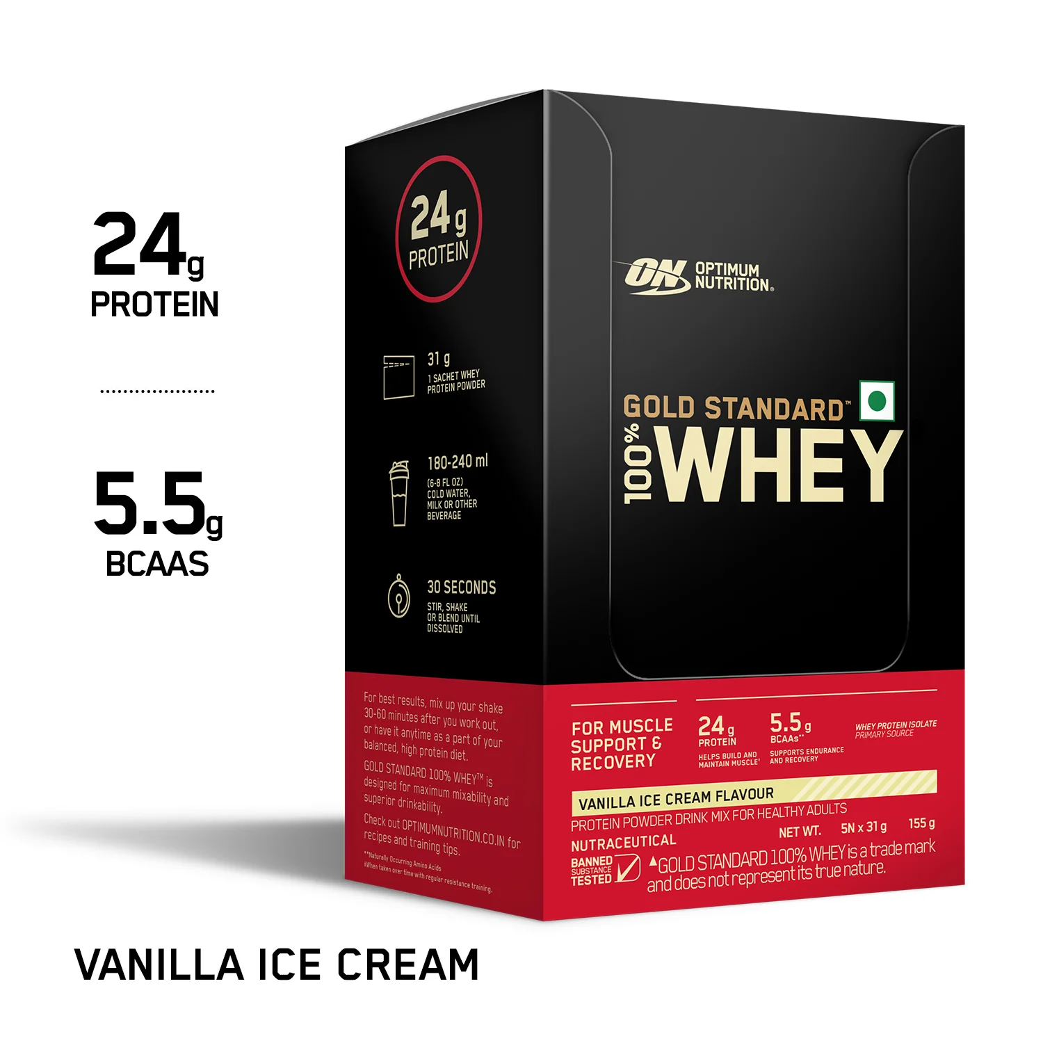 Optimum Nutrition Gold Standard 100% Whey - Vanilla Ice Cream - Pack of 5 single serve sachets - Image 9