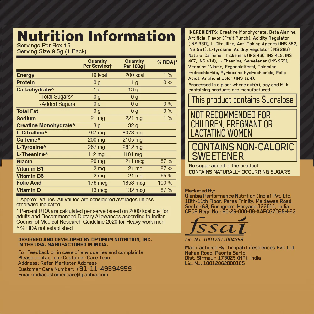 Optimum Nutrition (ON) Gold Standard Pre-Workout- 142.5g/15 single serve packs (Fruit Punch Flavor), For Energy, Focus, Power, Endurance & Performance - Image 9