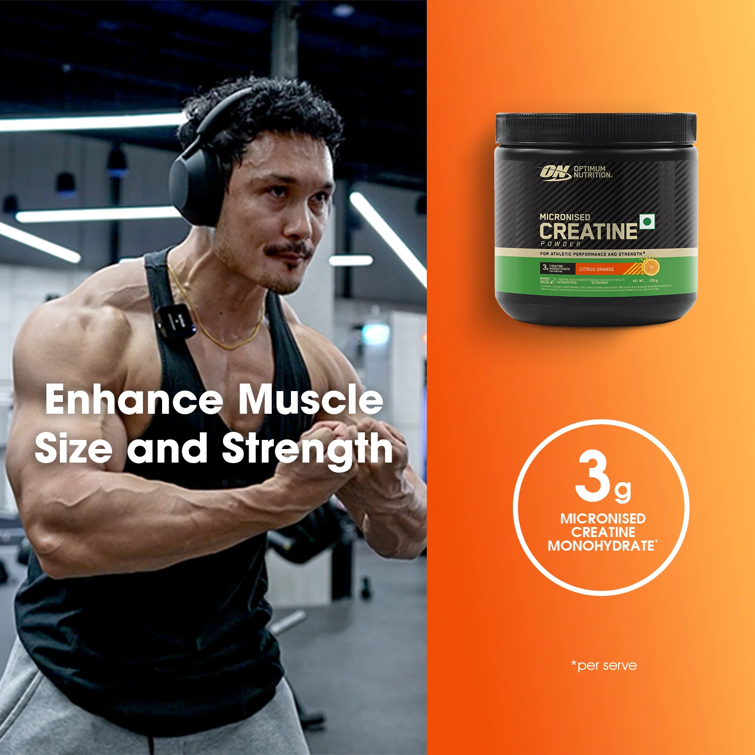 Optimum Nutrition (ON) Micronized Creatine Powder - 250g, Citrus Orange - Image 3