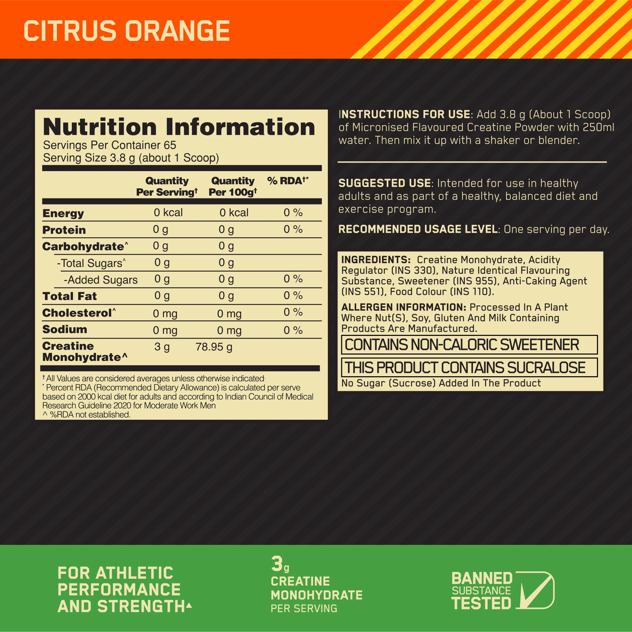 Optimum Nutrition (ON) Micronized Creatine Powder - 250g, Citrus Orange - Image 7